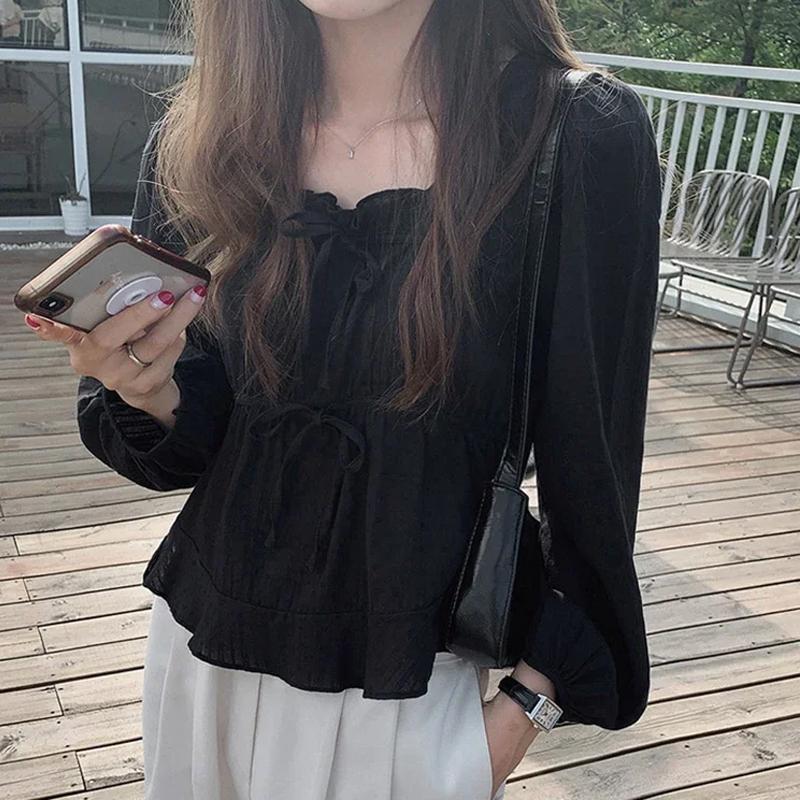 

New Long Sleeve Spring Sweet Blouse Lace Up Women White Shirt Casual Girls Elegant Korean Fashion Women Blouses Femme Tops Soft 11700 XL чорний