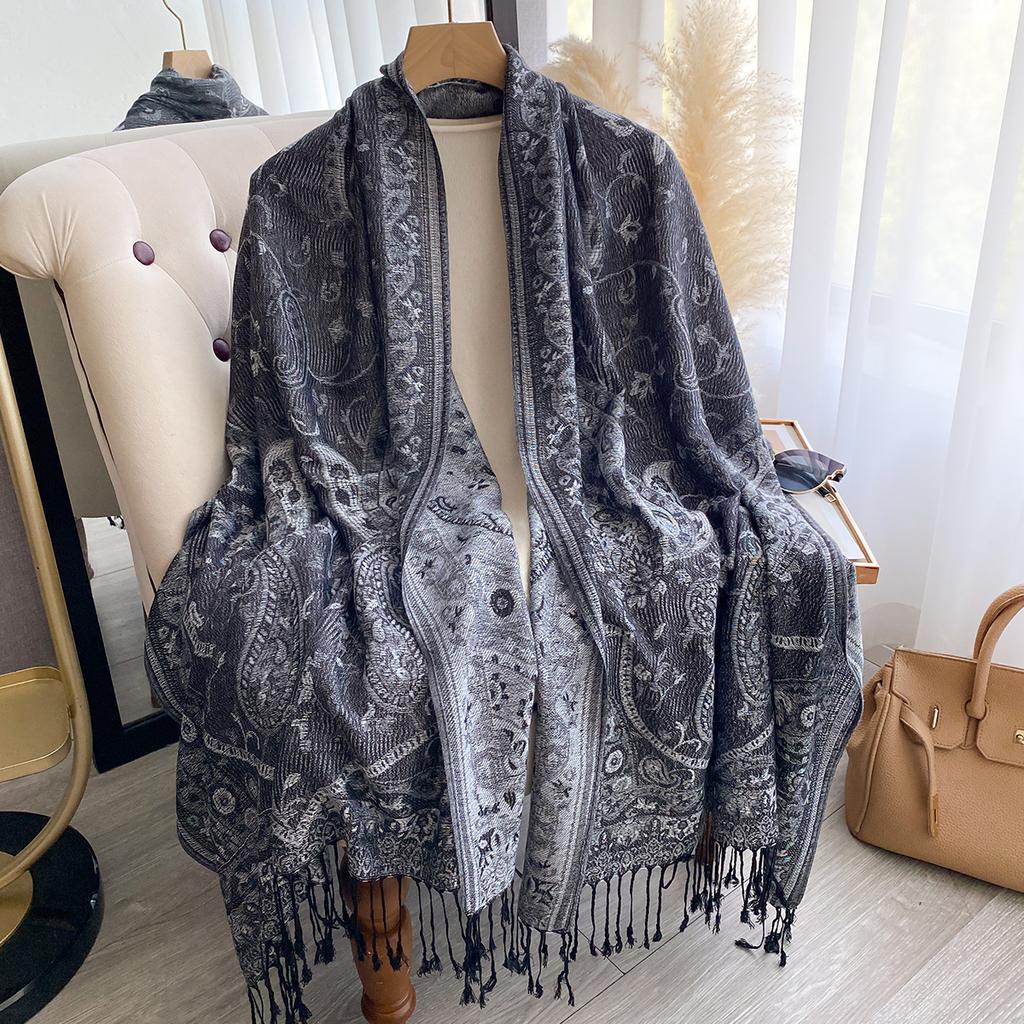 Luxury Winter Women's Cashmere Scarf - Printed Tasseled Embroidered Shawl, Warm Pareo Cape & Elegant Poncho