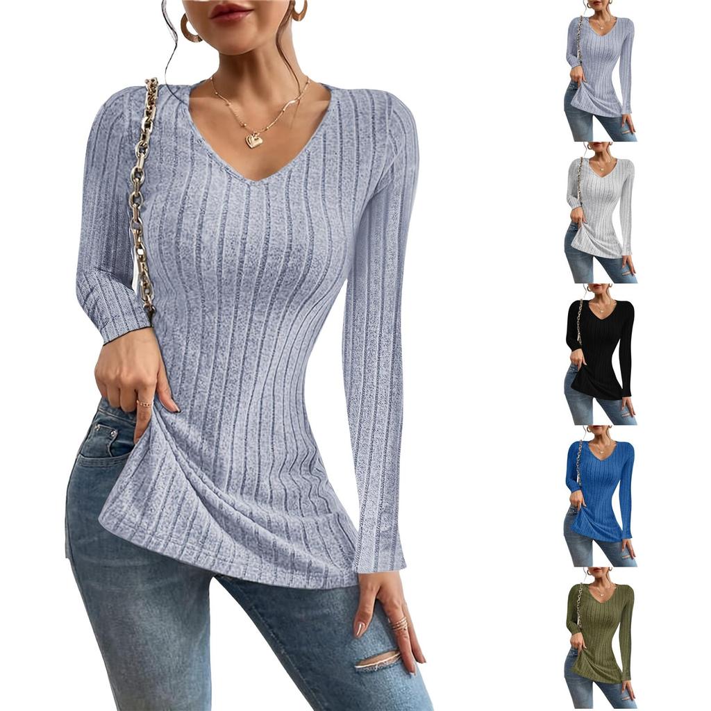 Women's V-Neck Long Sleeve Pullover Top, Color Casual for Everyday Wear