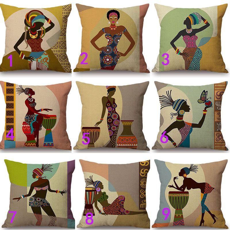 Cartoon Mode Afrikanische Frau Dame Kissenbezüge Premium Leinen Wurfkissenbezug 18 Zoll