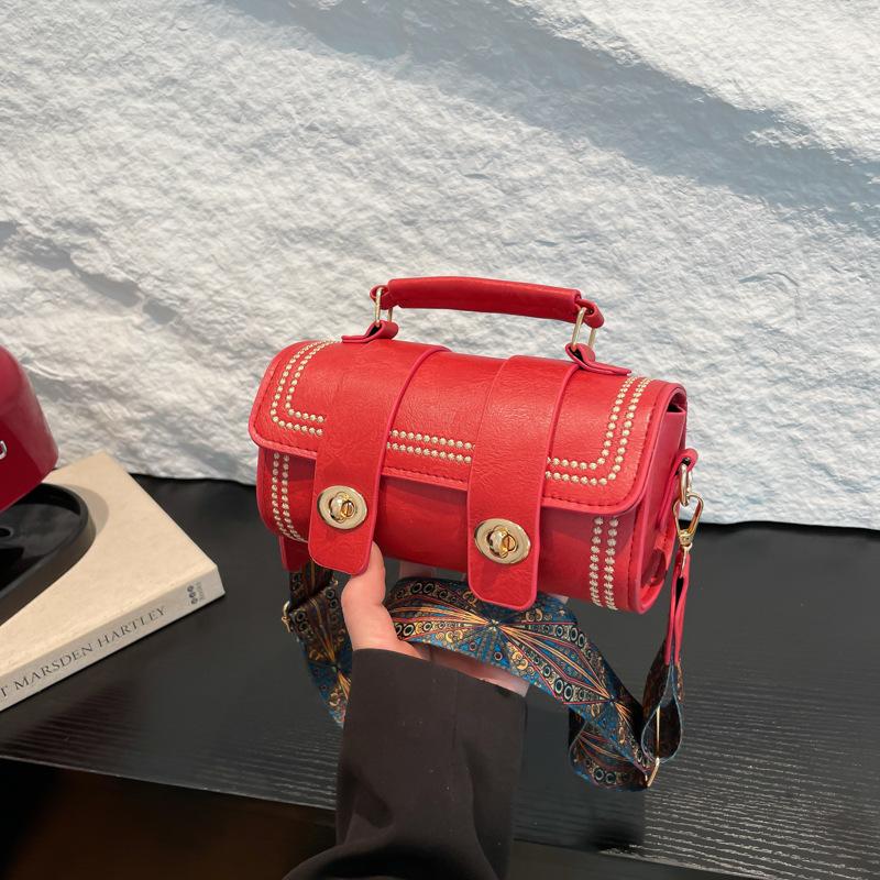 Fashion Spring New Retro British College Style Cylinder Bag Wide Shoulder Strap Single Shoulder Messenger Bag
