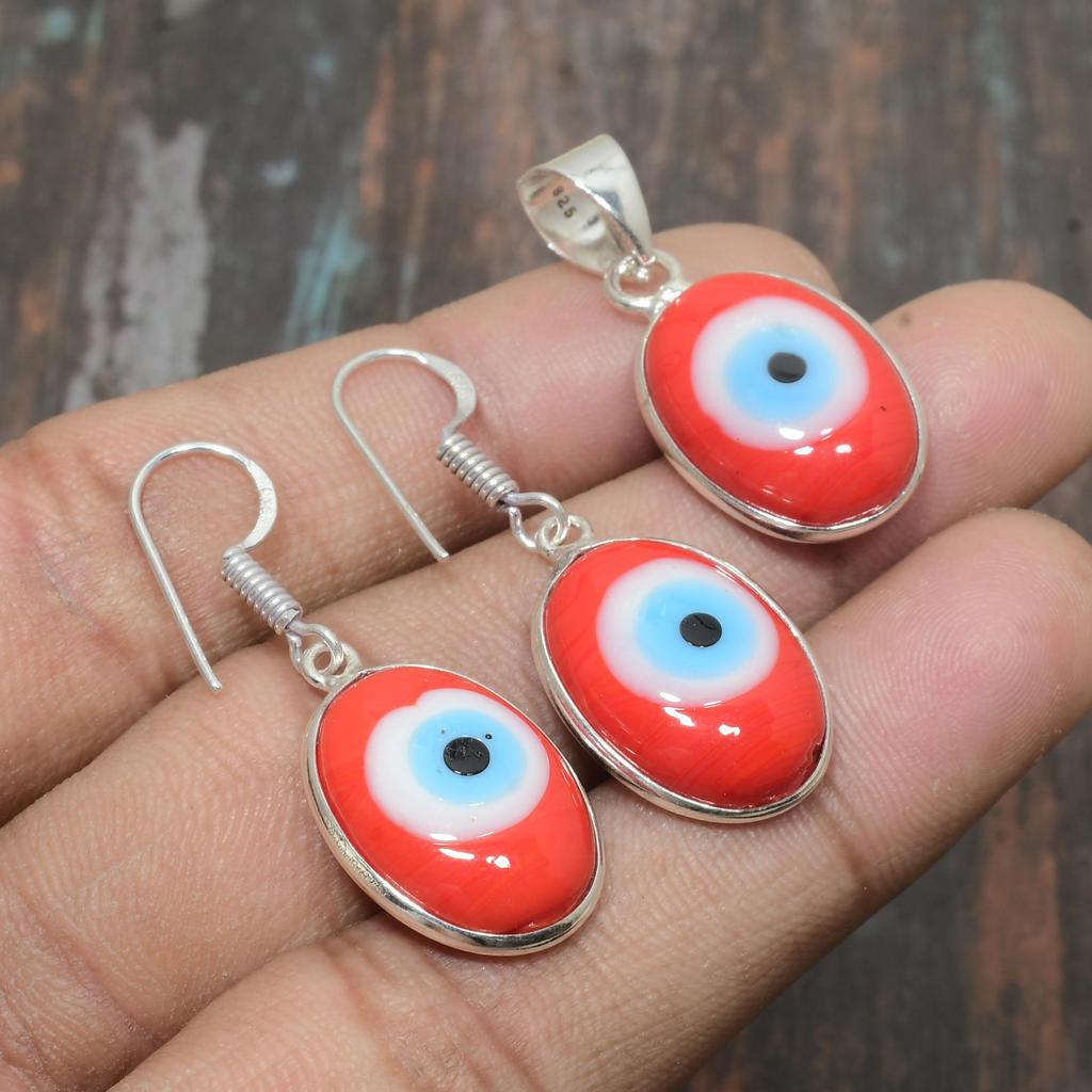 Roter Böser Blick Edelstein Handgefertigtes 925 Sterling Silber Anhänger + Ohrring Schmuckset