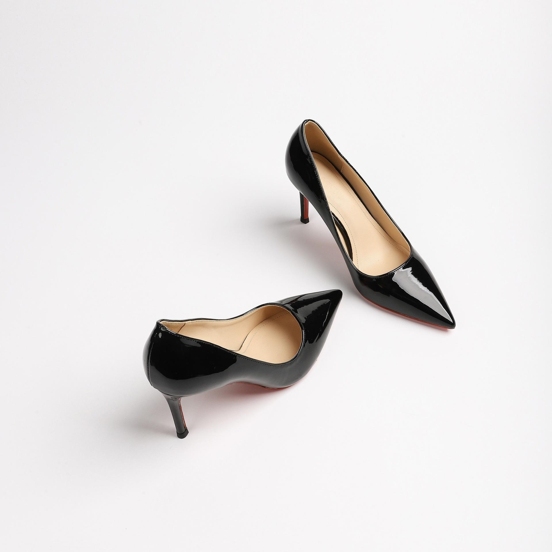 

Женские туфли на высоком каблуке с красной подошвой и тонким каблуком, новые модели весна-осень, лакированная кожа, черные остроносые, для делового стиля 34