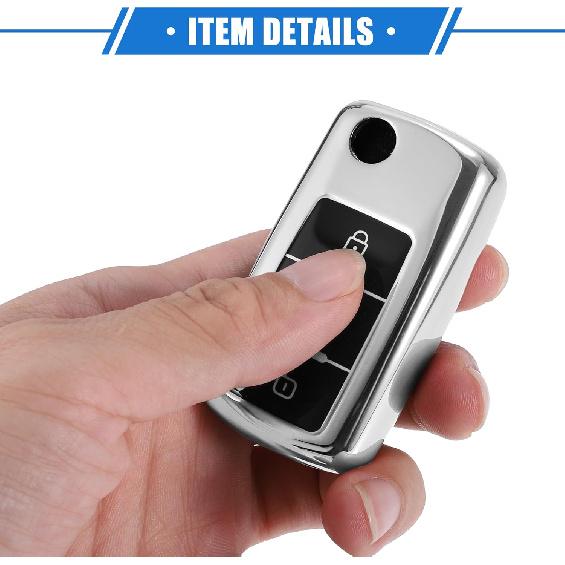 Car Remote Key Fob Cover Case Shell Protector 3 Button Compatible for VW Tiguan 2009-2017, Full Protection TPU Silver Tone