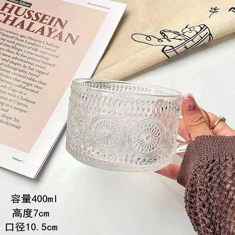 Glass Embossed Household Water Cup, Retro Sunflower Large-capacity Breakfast Milk Cup, Gold-painted Cup with Spoon, High-value Cup