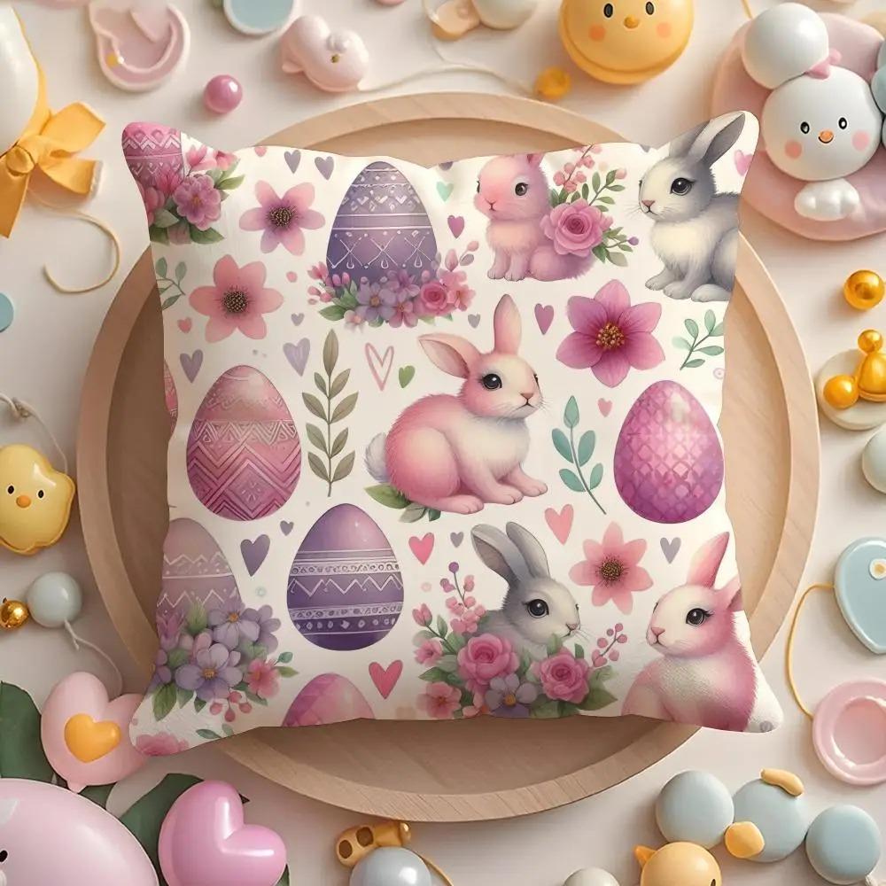 Happy Easter Bunny Pillowcase Peach Skin Colorful Egg Cushion Cover Spring Home Decor For Sofa Kids Room Throw Pillow Case 1 Pc