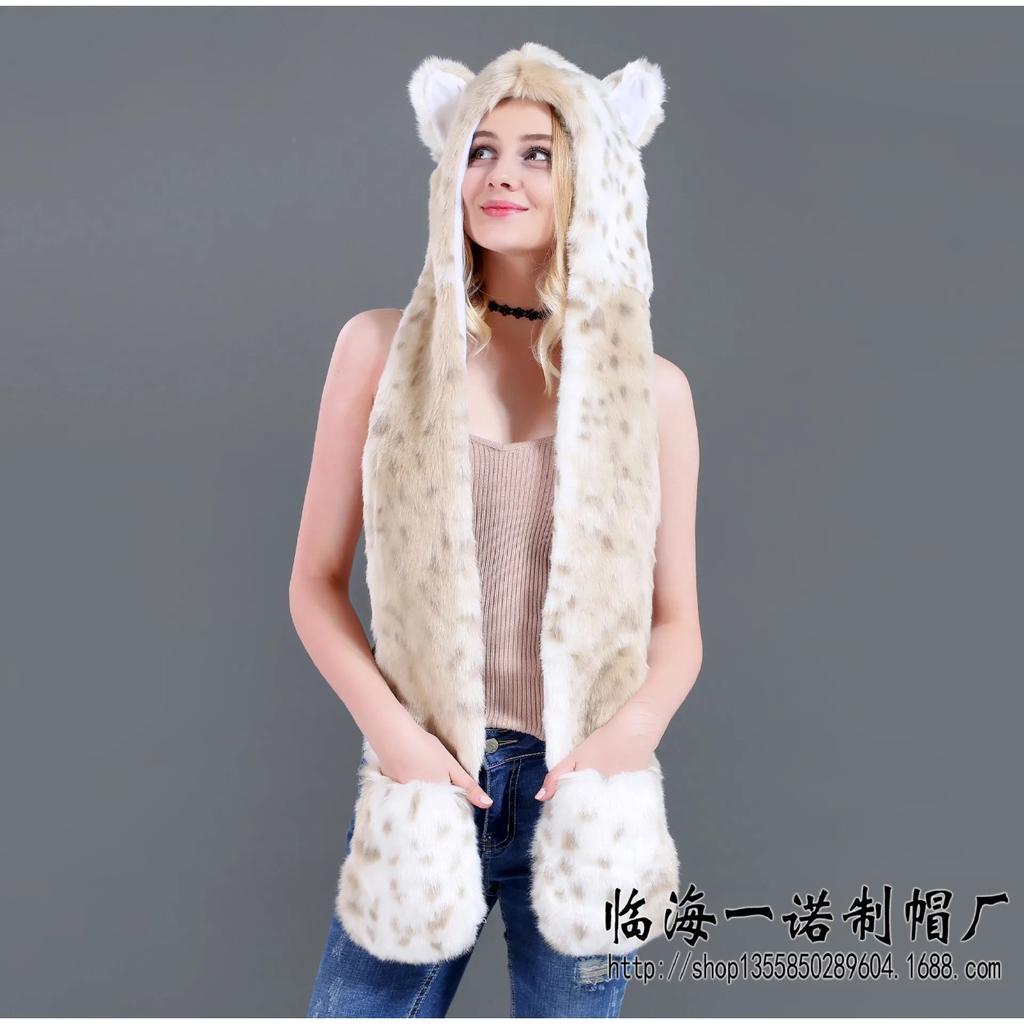 Women Girls Y2K Beanie Fur Animal Hat Scarf Glove Mitten 3-in-1 Function Furry Hoodie with Paws Ears Party Costume