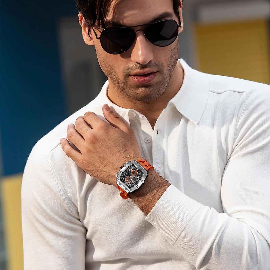 TSAR BOMBA Men Watch Quartz Analog Movement 5ATM Waterproof Tonneau Stopwatch Stainless Steel Case Casual Sport Design