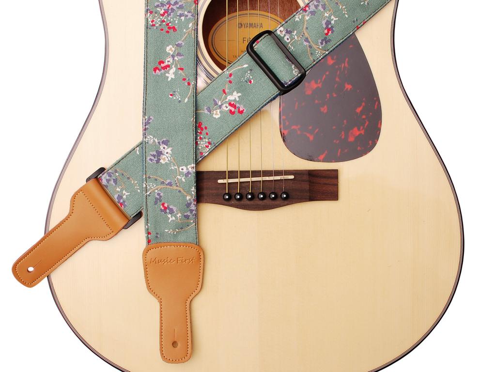 MUSIC FIRST Original Design Vintage Style Soft Cotton and Leather Guitar Banjo Strap "Plum Blossom" Strap,