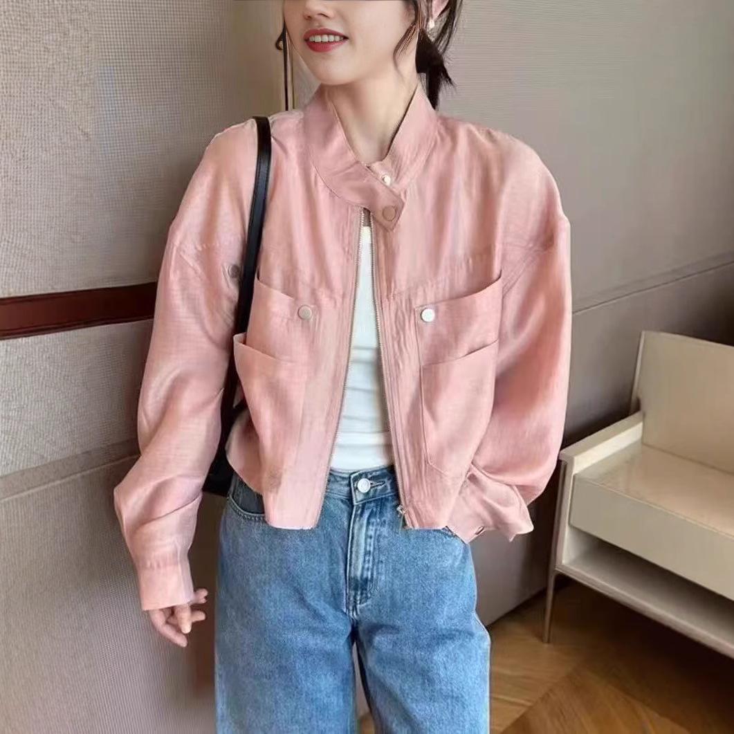

2025 Spring/Summer Women s Korean Style Versatile Sun Protection Jacket - Trendy Solid Color Stand Collar Cardigan Medium рожевий
