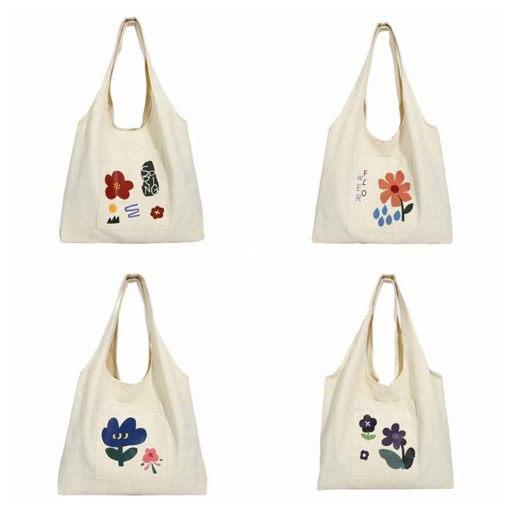 Korean Style Canvas Shoulder Bag Large Capacity Women's Armpit Bag Cute Flower Tote Bag Girls