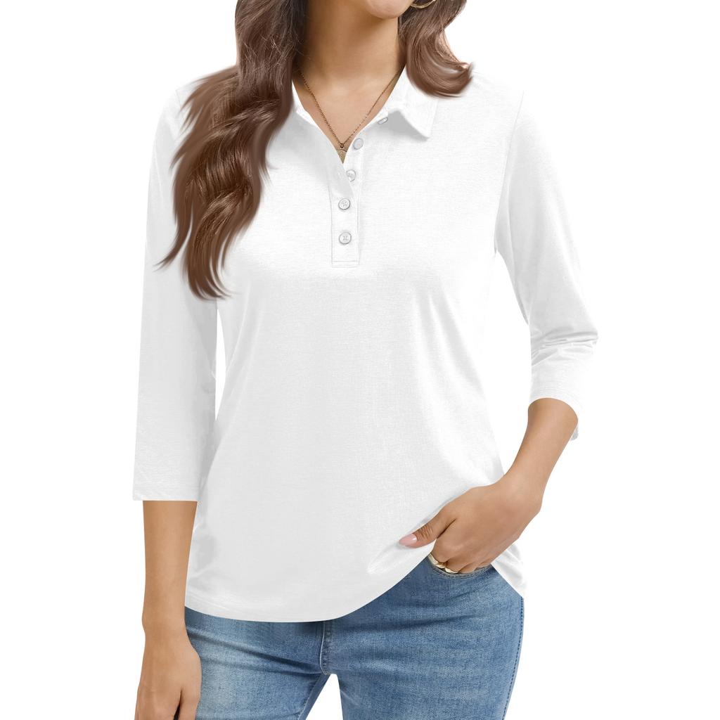 Women's Fashion Casual Lapel Short 3/4 Sleeve Color Shirt Women's Button Up Tops