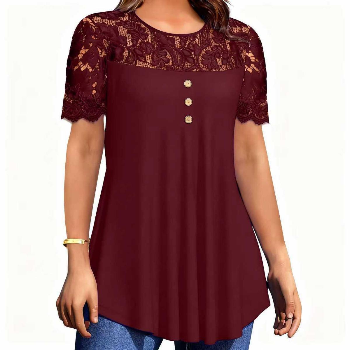 

Spring Summer Women s Solid Color Lace Trim Round Neck Long Sleeve T-shirt Top Casual Fashion Women s Tee for Daily Wear S темно-красного