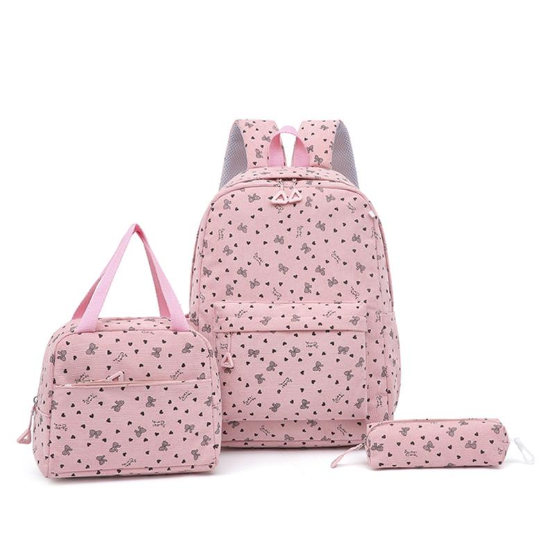Three-Piece Backpack Set Bow Printed Corduroy Large Capacity Handbag Multi-Functional Backpack with Lunch Bag Pen Bag