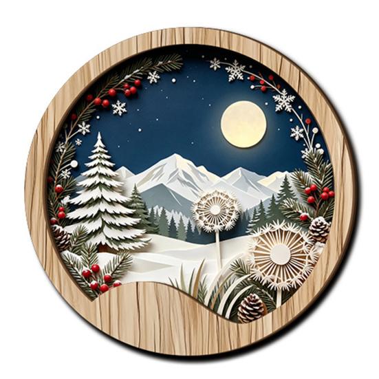 Multi Layered Wood Wall Sculpture Round Wooden Winter Mountain Art with 3D Snow Scenery for Holiday Handcrafted View Decor Home Decor, Rustic