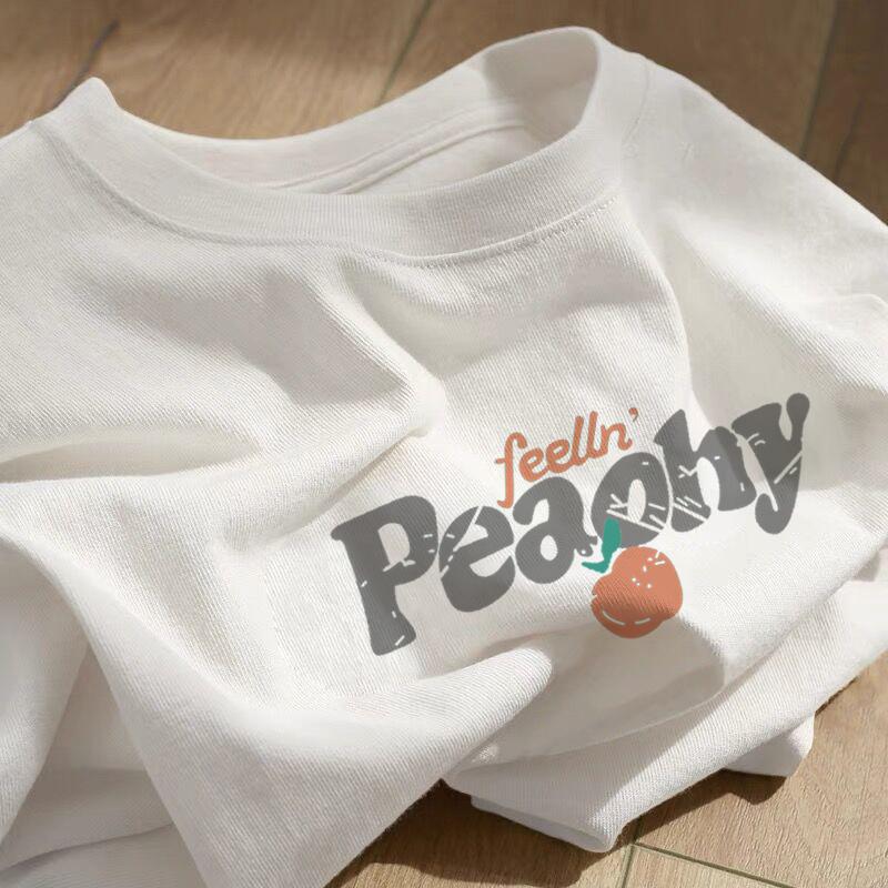 Heavy cotton cartoon print short-sleeved t-shirt women's 2025 new summer loose large size white crew neck top