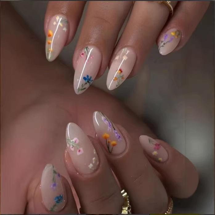 24pcs Almond-Shaped Nail Stickers, With Nude Base And Colorful Floral Pattern Artificial Nails, Nail Supplies, Acrylic Fake Nails Perfect For Ladies