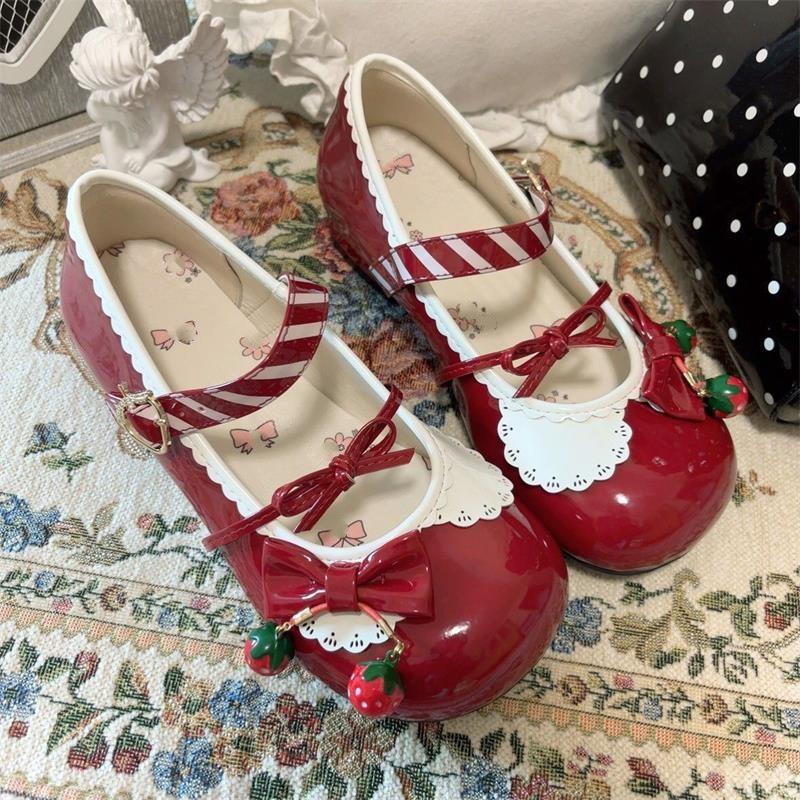 Japanese Strawberry Big Head Shoes Lolita Cute Round Head Low Heel Mary Jane Small Leather Shoes Medium Heel Girl Jk Uniform Shoes