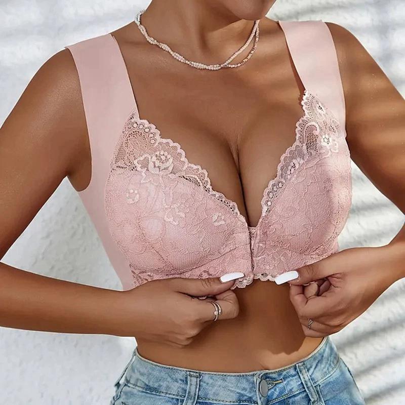 Women Lace Gathered Front Buckle Bra Wide Strap Bra