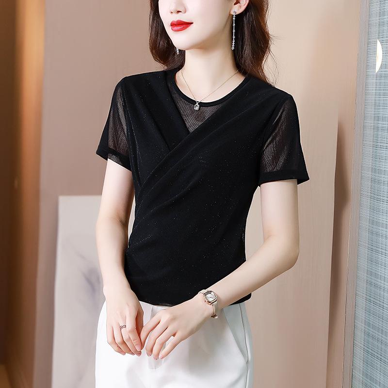 Summer Black Mesh Short-sleeved T-shirt for Women's Summer New Fashionable Base Shirt Slim-fitting Top