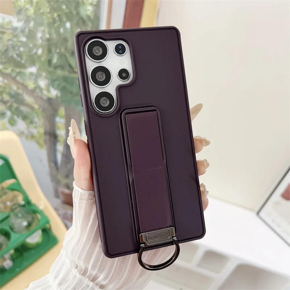 Leather Stand Holder Ring Wrist Strap Phone Case For Samsung Galaxy S26 Ultra S25 S24 S23 Plus Button All Inclusive Bracket Shockproof Protect Cover