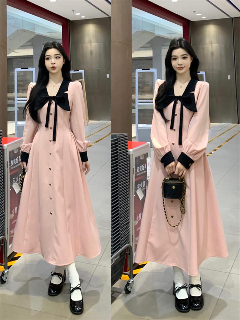 

2026 Spring French Style Pink Collar Long-Sleeve Dress XL розовый
