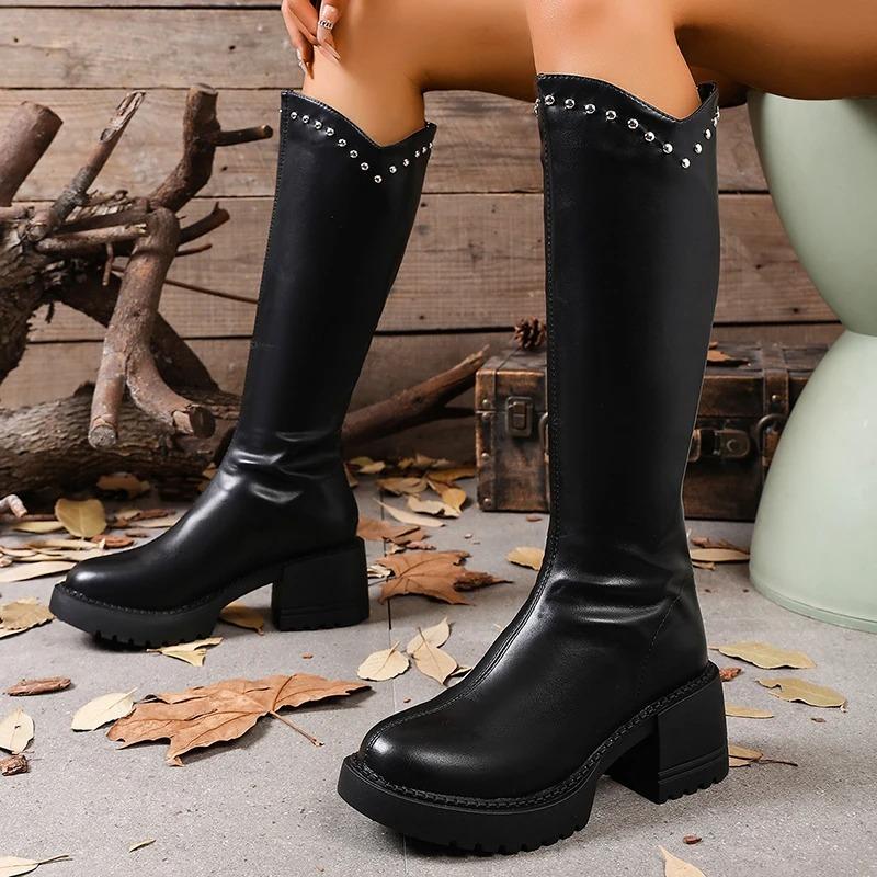 Women'S Solid Color Chunky Heeled Boots Fashion Rivet Decor Platform Knee High Boots Woman Autumn Winter Pu Leather Long Botas