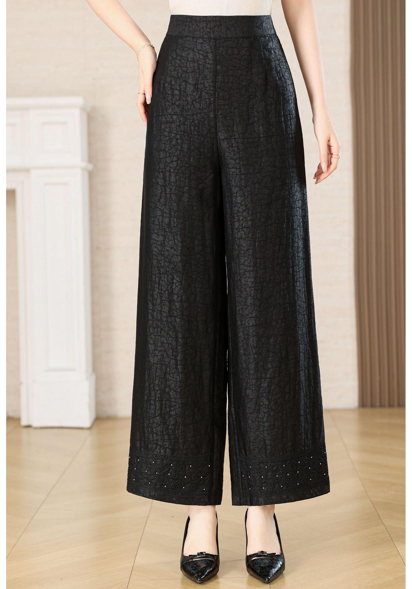 

2026 Mulberry Silk Xiangyunsha Cracked Pattern Straight-Leg Pants - 100% Real Silk, Good Drape, Versatile Casual Fashion XXXL Plus чорний