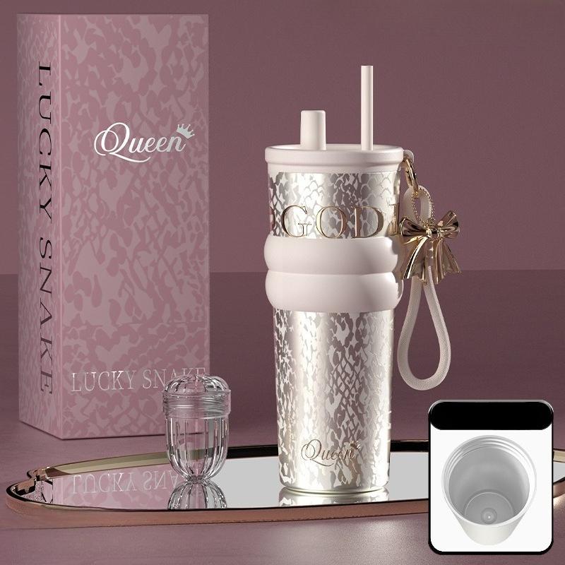 710ml Travel Thermos with Straw and Leak-Proof Lid Stainless Steel Metal Water Bottle for Hot and Cold Coffee Drinks