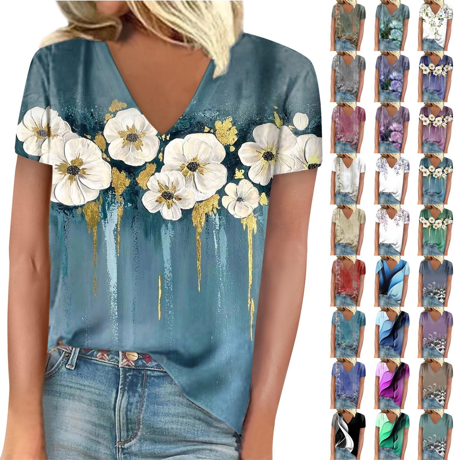 

Женская мода Повседневная свободная удобная футболка с коротким рукавом с v-образным вырезом и принтом