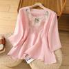 Elegante Camicia Estiva in Cotone Largo a Maniche Corte Girocollo Top Ricamati per Donna Bluse Vintage