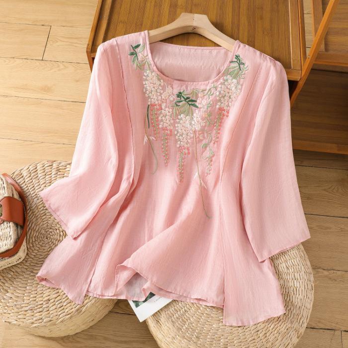 Elegante Camicia Estiva in Cotone Largo a Maniche Corte Girocollo Top Ricamati per Donna Bluse Vintage