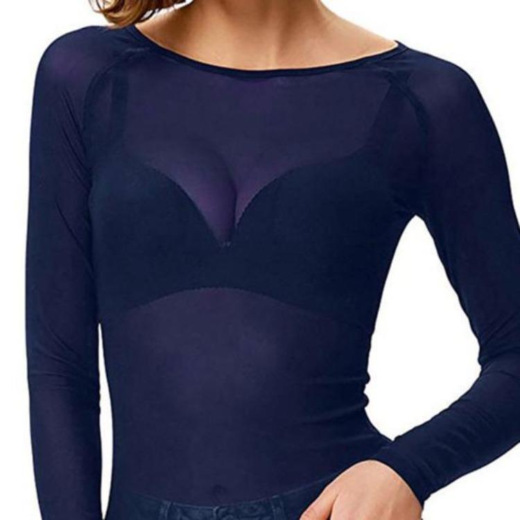 Women See Through Mesh Top Long Sleeve Slim Fit Shirt Sexy Clear Gauze O Neck Sun Protection Tops