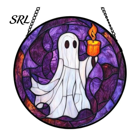 Horror Party Atmosphere Supplies Retro Halloween Pendant, Ghost/Bat/Spider Web/Pumpkin Head Print, Acrylic Disc Wall Decor Vintage Hanging Ornament