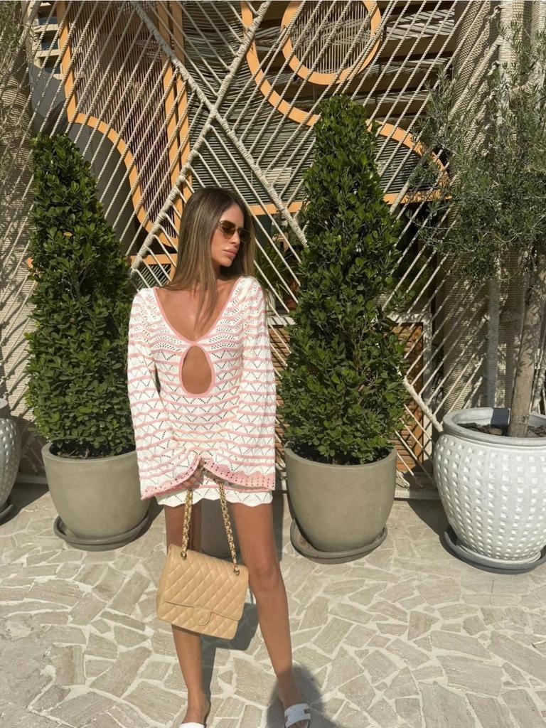 Sexy Boho Striped Chic V-neck Cut Out Bell Sleeve Knit Dress 2025 Summer Women Seaside Holiday Mini A-Line Dress K123