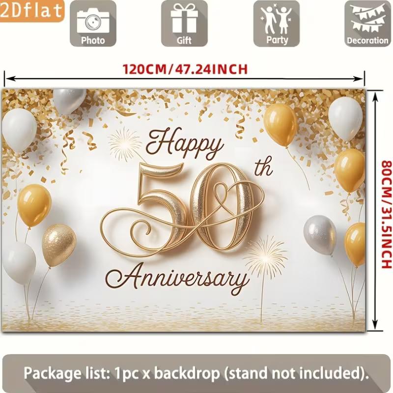 2D White Gold 50th Wedding Anniversary Backdrop Party Background Cloth