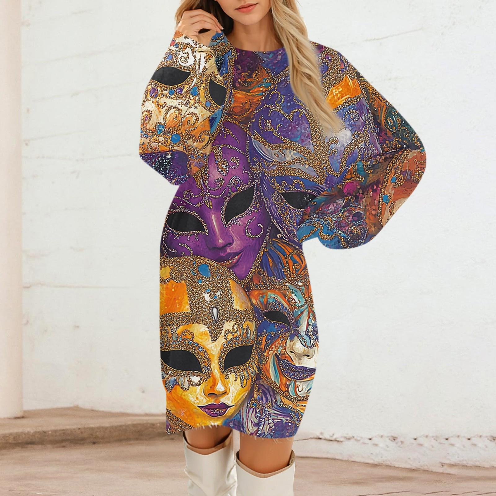 Women s Long Sleeve Print Dress Elegant Purple Casual Party Dress for Autumn and Winter Fashion S