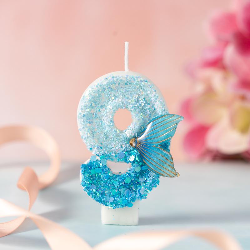 Creative Blue Gradient Mermaid Tail Number Candle for Children's Birthday Cake Party, Age One