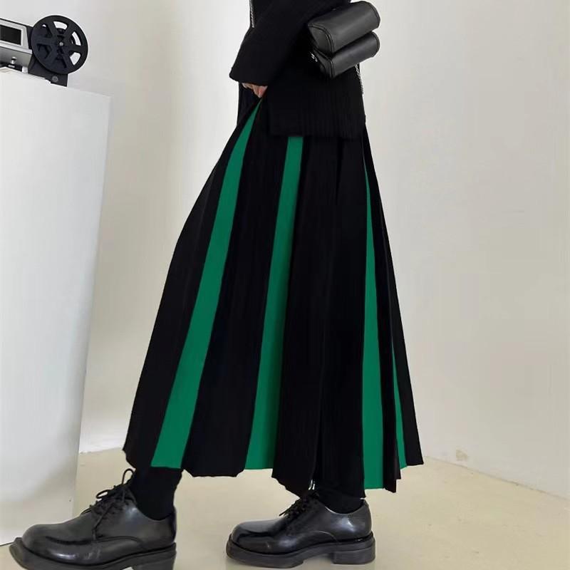 Herbst Frühling Strickrock Damen Hochtailliert Grün Plissee Röcke Frau Kontrastfarbe Vintage Rock
