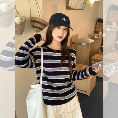 Korean Lazy Style Striped Crew Neck Knitted Sweater Long-sleeved Women's Early Autumn New Loose and Chic Design Top