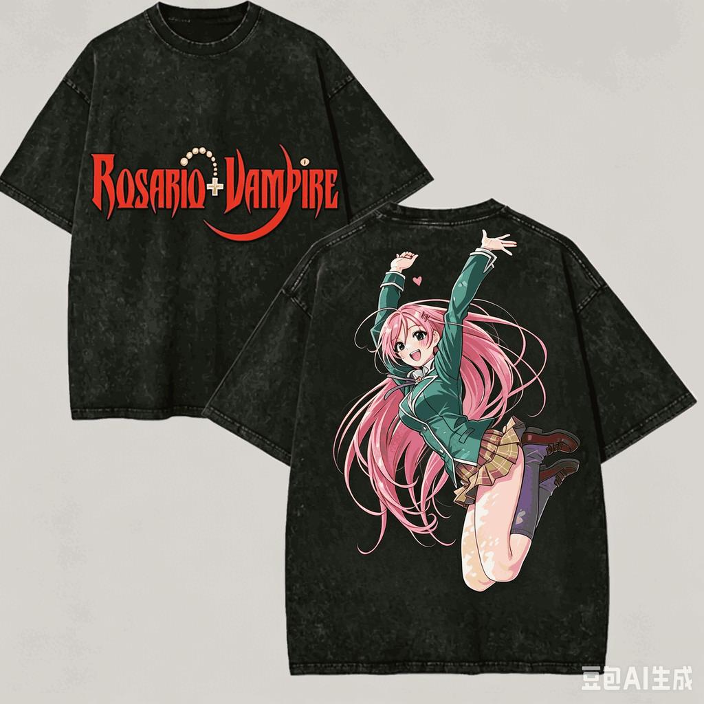Rosario To Vampire Washed T-shirt Anime Lover Harajuku New Model Unisex Oversized Personality Clothes Streetwear High Quality