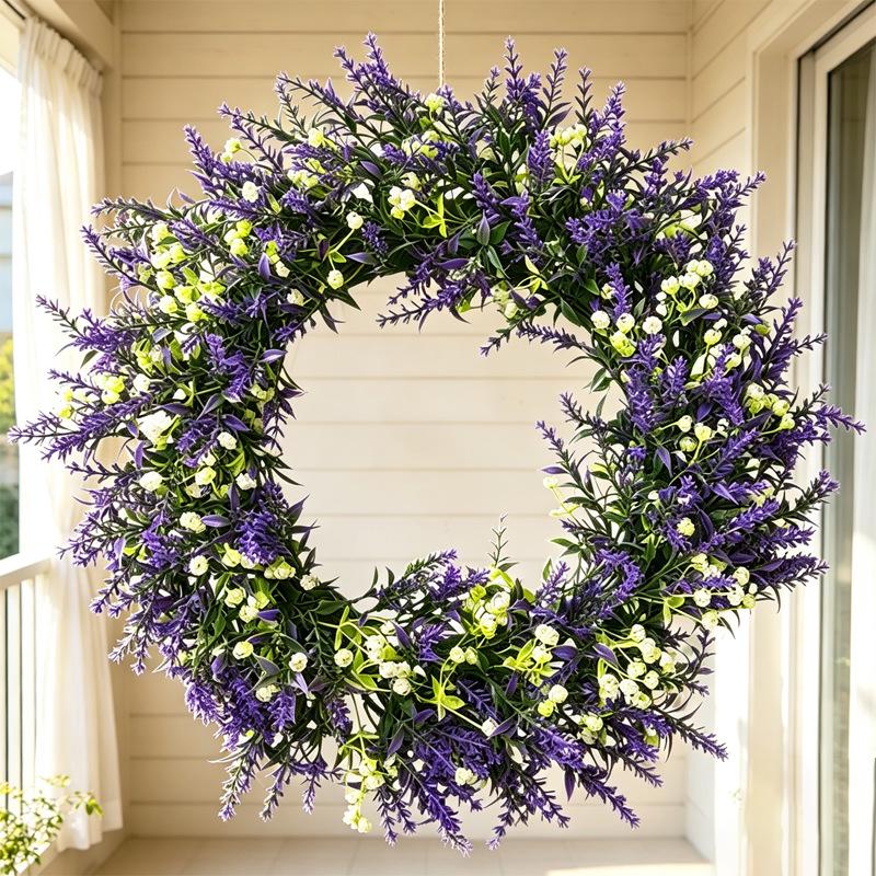 Simulated Lavender & Spring Grass Door Wreath - Home & Window Decoration with Faux Flowers