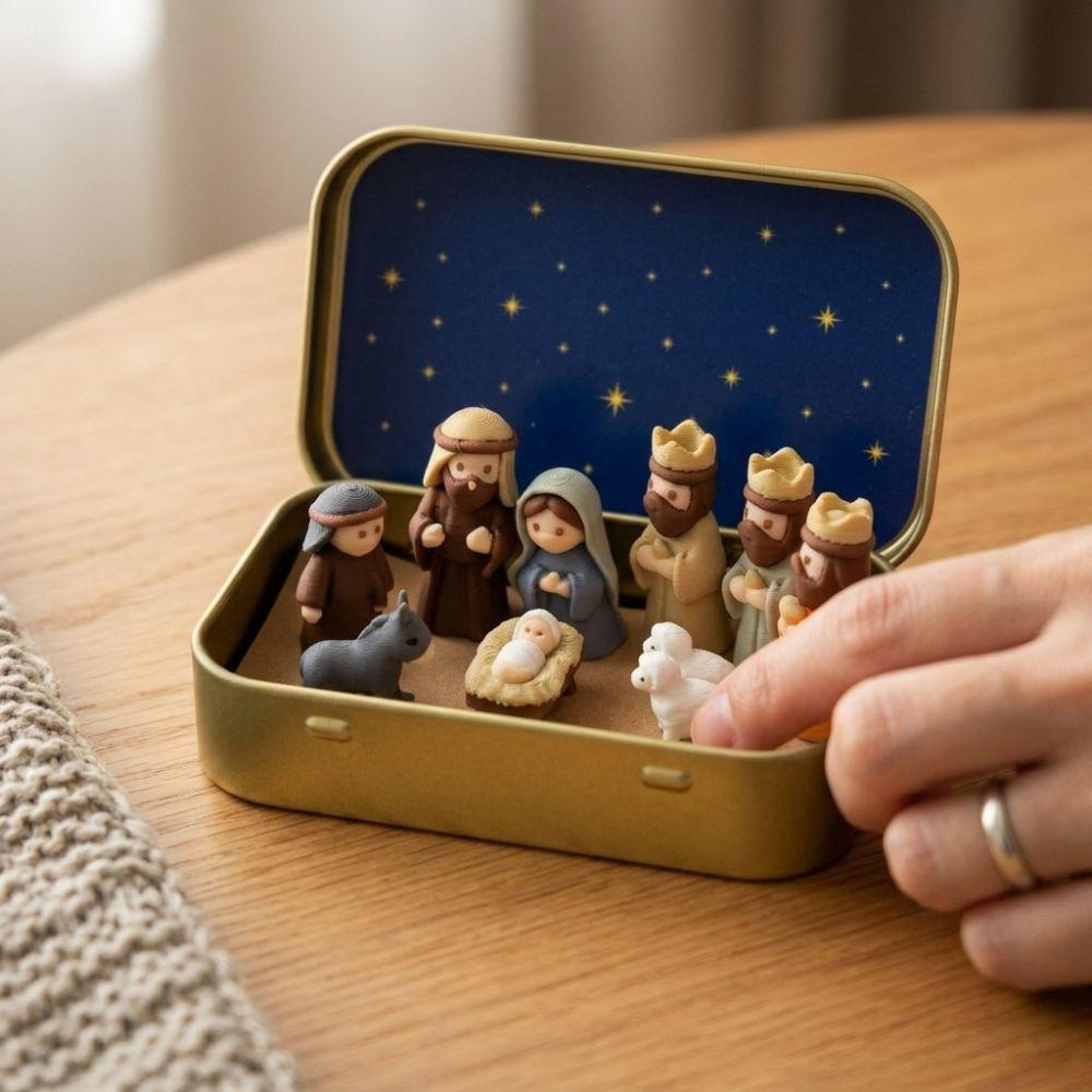 Metal Tin Box Mini Christmas Trough Set Holy Family Christmas Figurines  Indoor Display