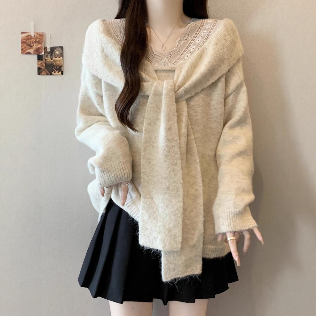 Lace shawl front shoulder knitted sweater women's early autumn loose fat mm fake two-piece top loose