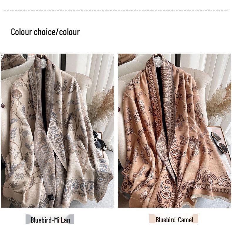 Liu Yifei-Inspired Retro Bluebird Cashmere Scarf - Thick, Warm, Ethnic Style Women's Winter Neck Warmer