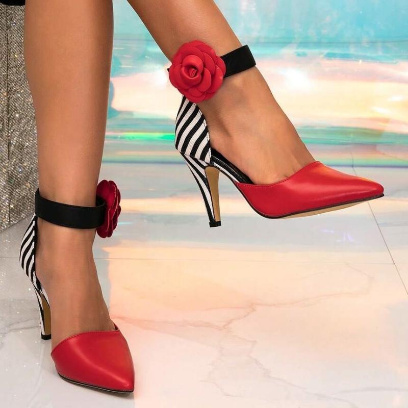 Mote Elegant Blomstret Leopard Høye Hæler Dame Mote Spiss Tå Ankelstropp Spenne Merke Designer Sko Sexy Bankettsko