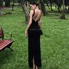 [With chest pad] Design halter split suspender dress summer French slim black dress long dress women