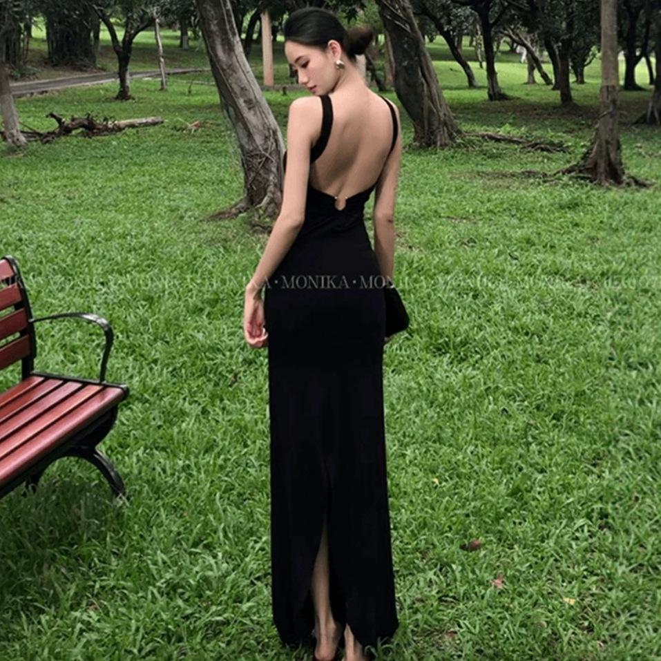 [With chest pad] Design halter split suspender dress summer French slim black dress long dress women