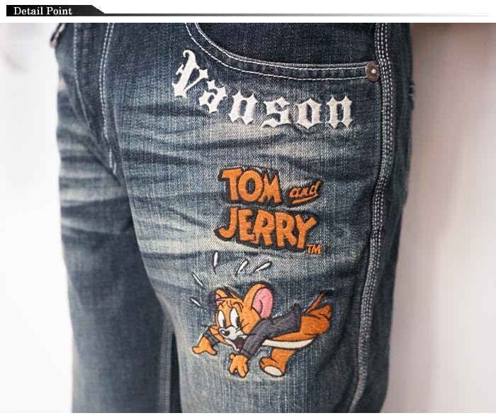 Vanson Tom Jerry Collaboration Embroidered & Men's Jeans, Denim, TJV-2516, Indigo-34