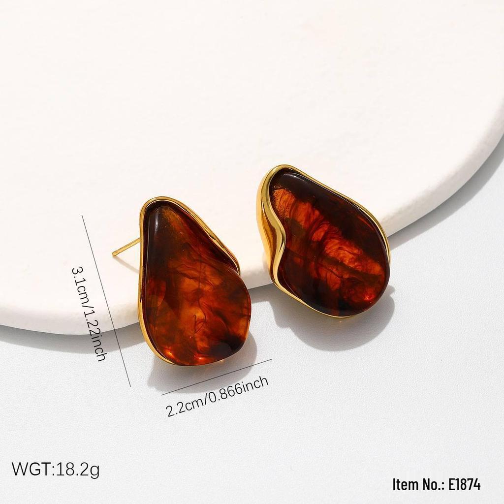 Vintage Amber Gradient Flower & Heart Stainless Steel Stud Earrings with Sun Pattern